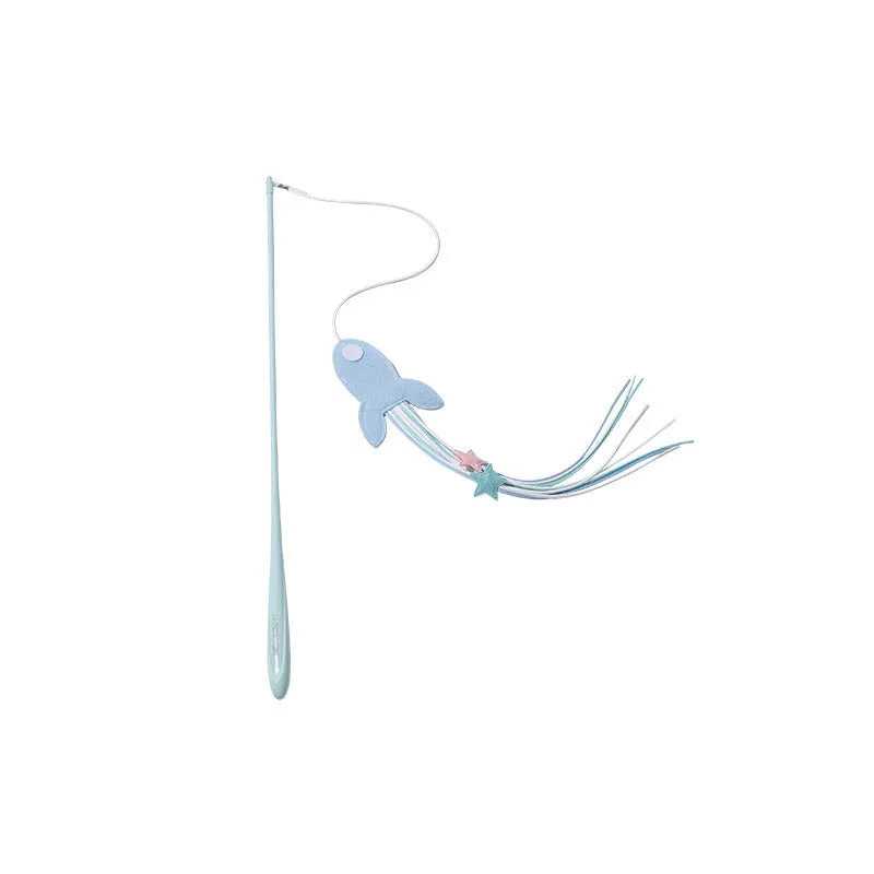 Cat toy with feathers and long pole for interactive play, bite-resistant pet rocket design for kittens, inflated ego artifact helps reduce boredom, available in blue or green colour options for visual stimulation during indoor sessions.