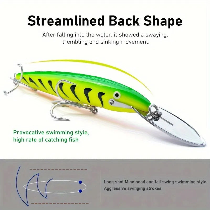 Luminous ABS fishing lure with iron tongue, 17.5cm x 2.2cm x 1cm, shown in one of six colours TZMN01 to TZMN06