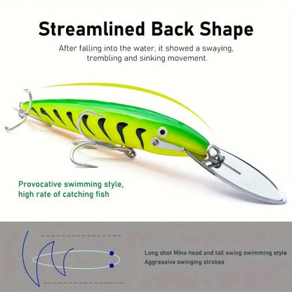 Luminous ABS fishing lure with iron tongue, 17.5cm x 2.2cm x 1cm, shown in one of six colours TZMN01 to TZMN06