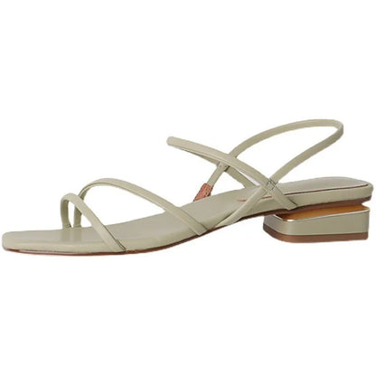 Women's flat strap Roman sandals with square toe in microfiber, showing adjustable ankle strap and multiple colour options