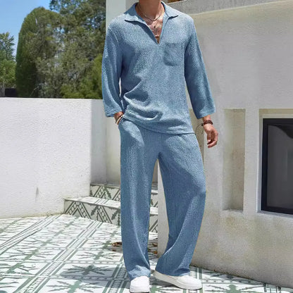 Men's casual shirt and trousers set in lake blue with shirt-style jacket and matching trousers for autumn leisure wear