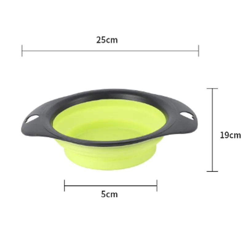 Collapsible silicone pet food bowl shown folded flat and unfolded, in green colour with non-slip base