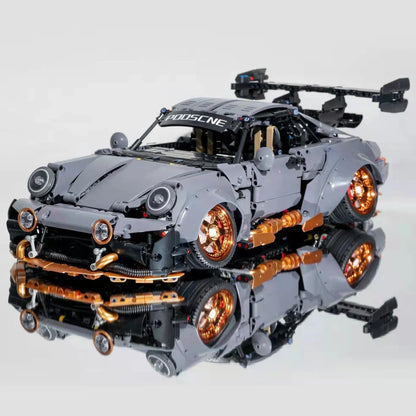 Cement grey Porsche sports car building block set with 10220 pieces showing detailed assembly components