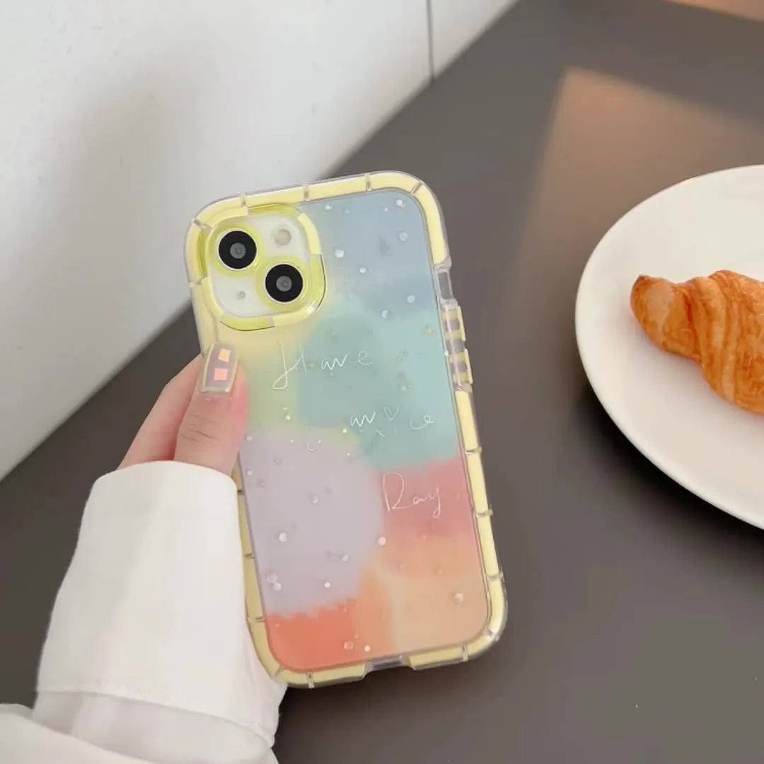 Minimalist silicone phone case for iPhone 14 with a yellow contrast edge on a white background.