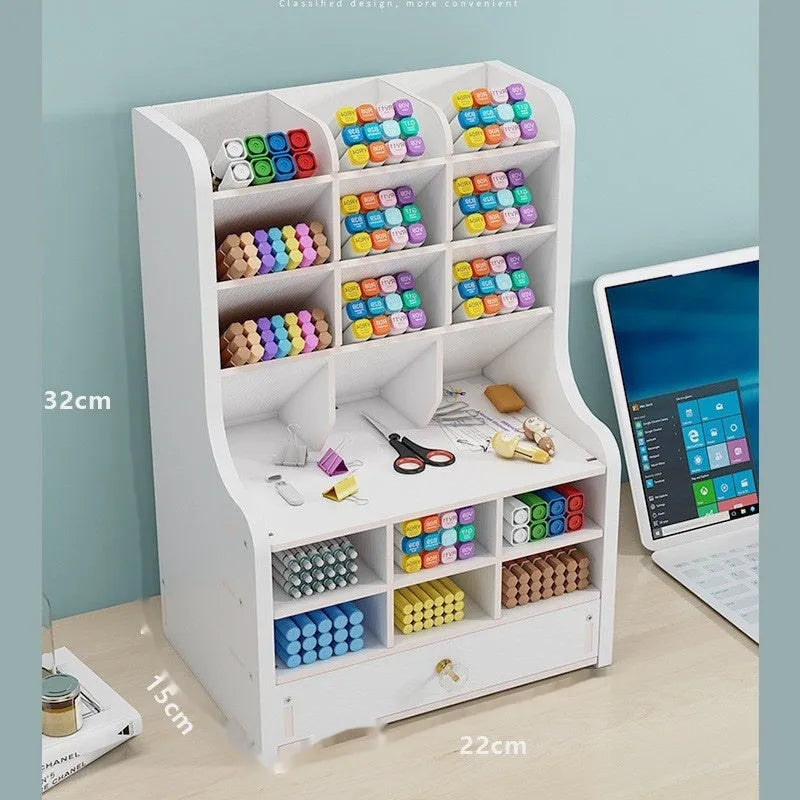 Square plastic pen holder storage box with multiple grid compartments for stationery organisation.