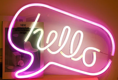LED neon decorative light with acrylic back panel showing USB power connection and multiple design options