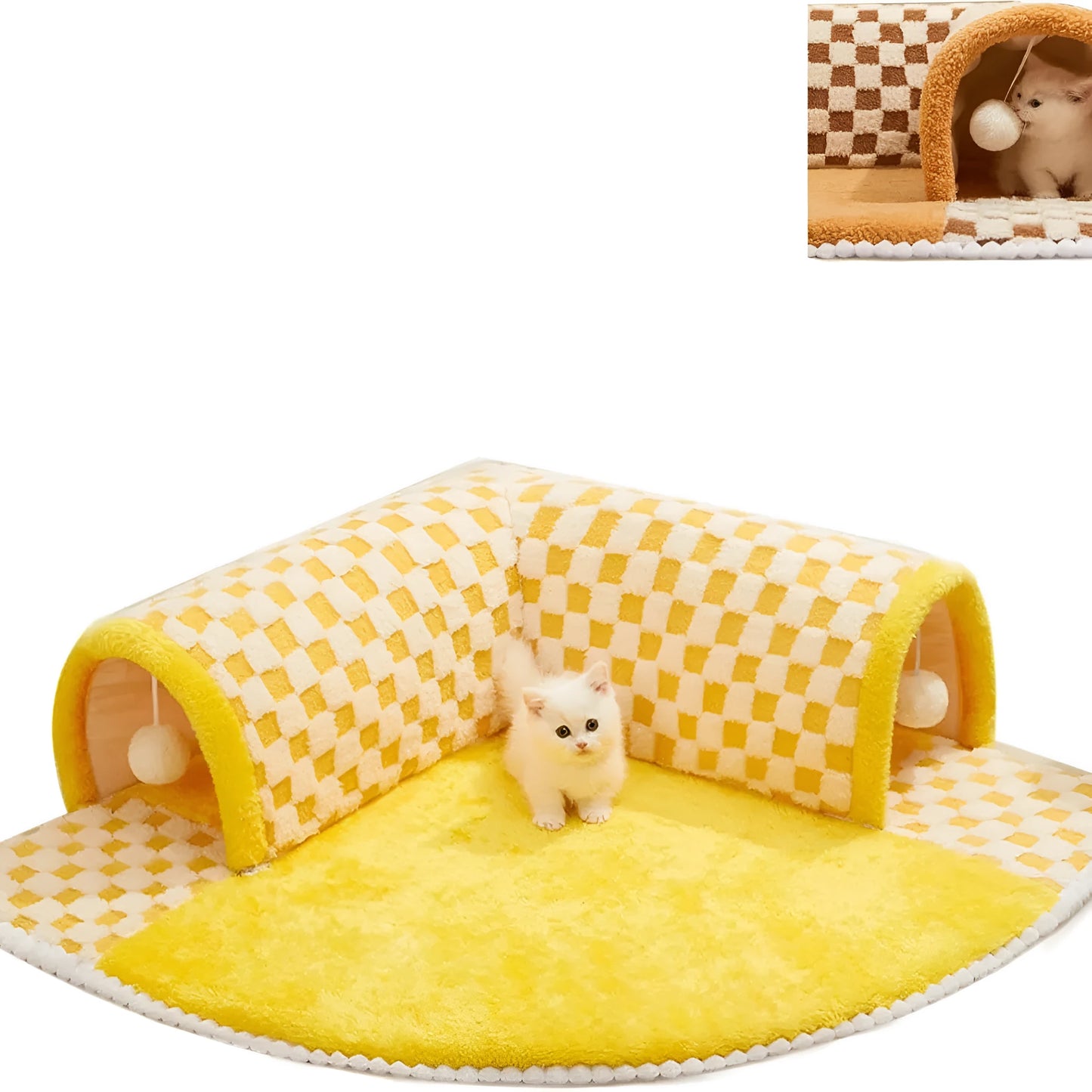 Plush plaid cat tunnel bed with central mat showing brown colour and collapsible tunnel design