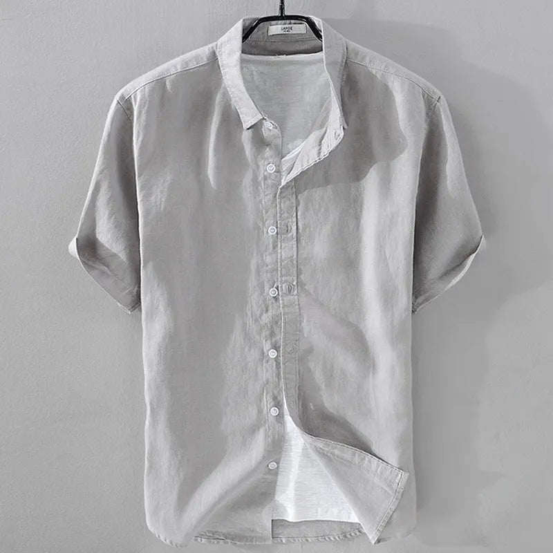 Men's light blue short sleeve linen blend casual shirt with a loose fit.