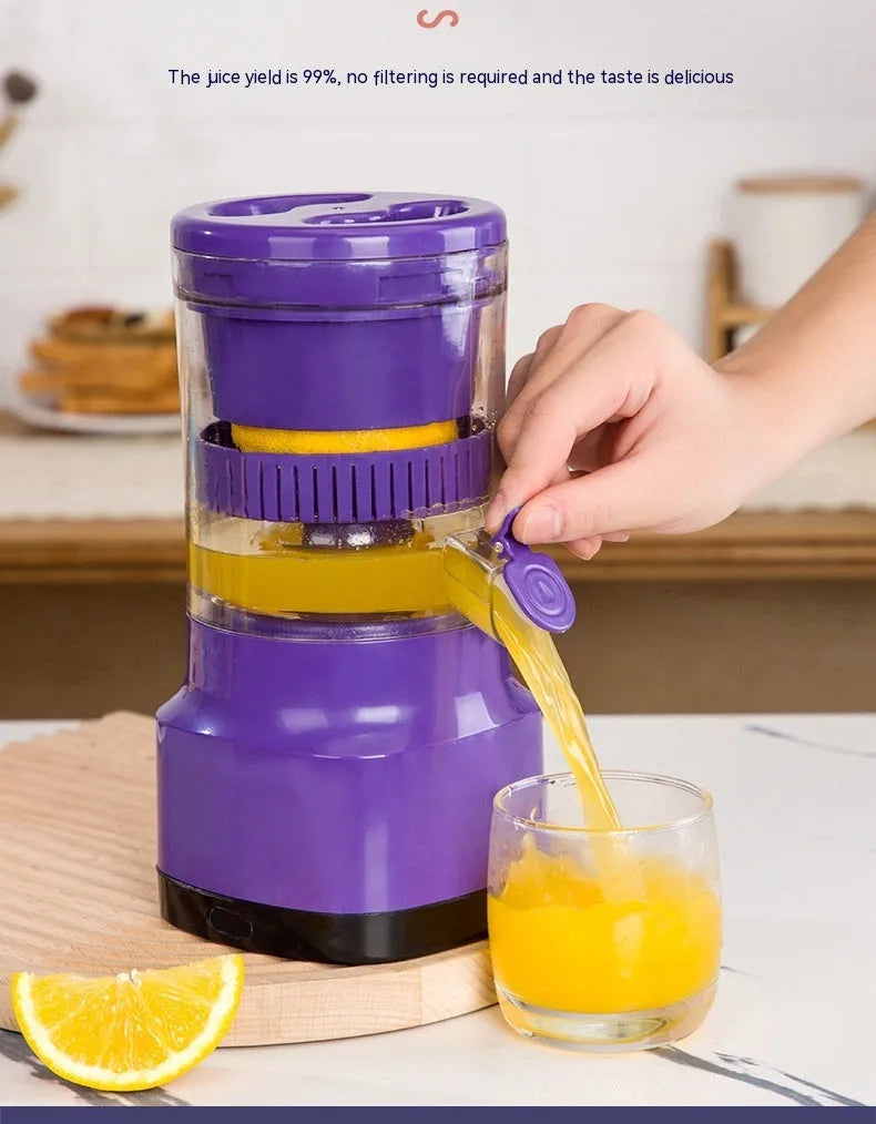 Purple USB rechargeable electric citrus juicer with detachable parts and charging cable.