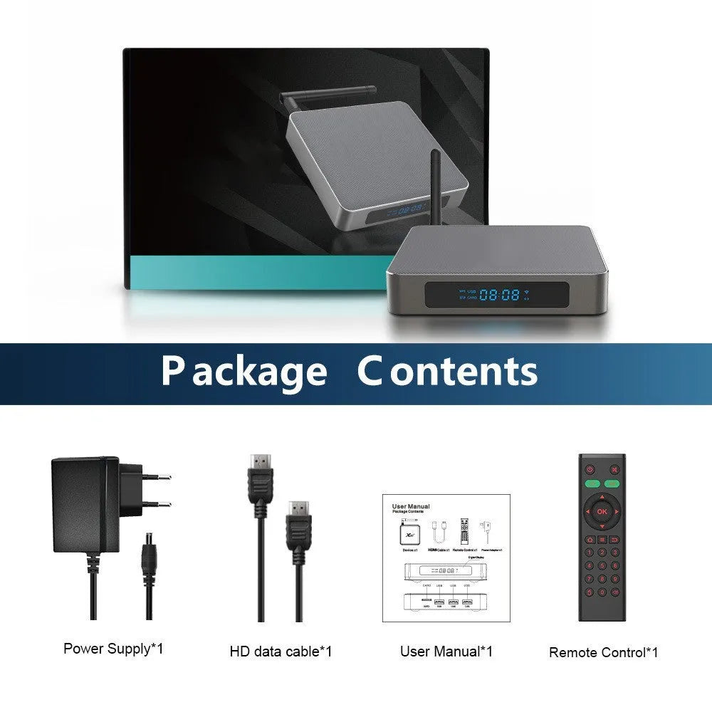 Android TV set-top box with remote control showing HDMI and power ports