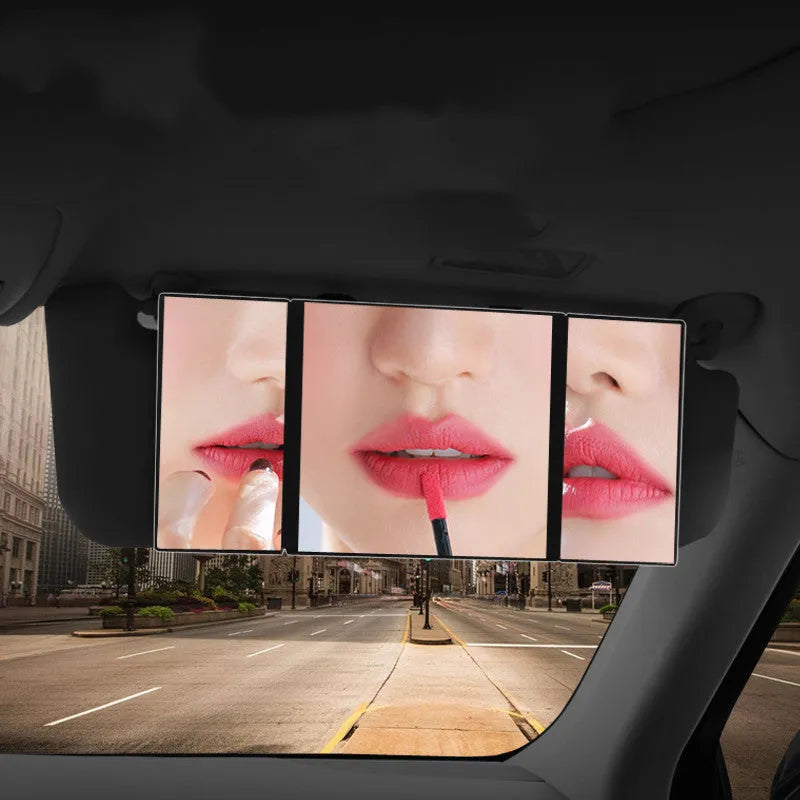 Silver car folding makeup mirror showing folded and opened positions with 30.5cm width