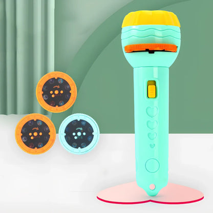 Red plastic cartoon projection flashlight showing rotating lens for 80 pattern changes