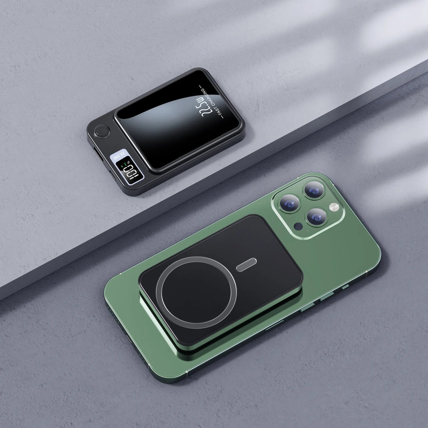 Magnetic wireless power bank for MagSafe iPhones in black, white, purple or green with fast charging capability