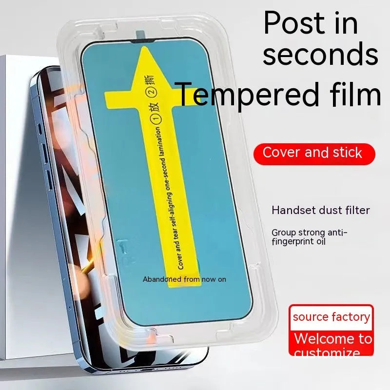 Tempered glass screen protector for iPhone with sticker box, available in HD clear or 28° anti-peep styles.