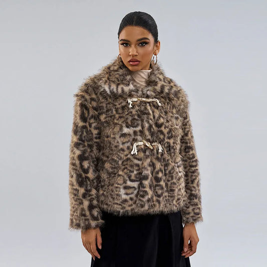 Leopard print women's coat with buckle lapel detail, regular sleeves, and street fashion style