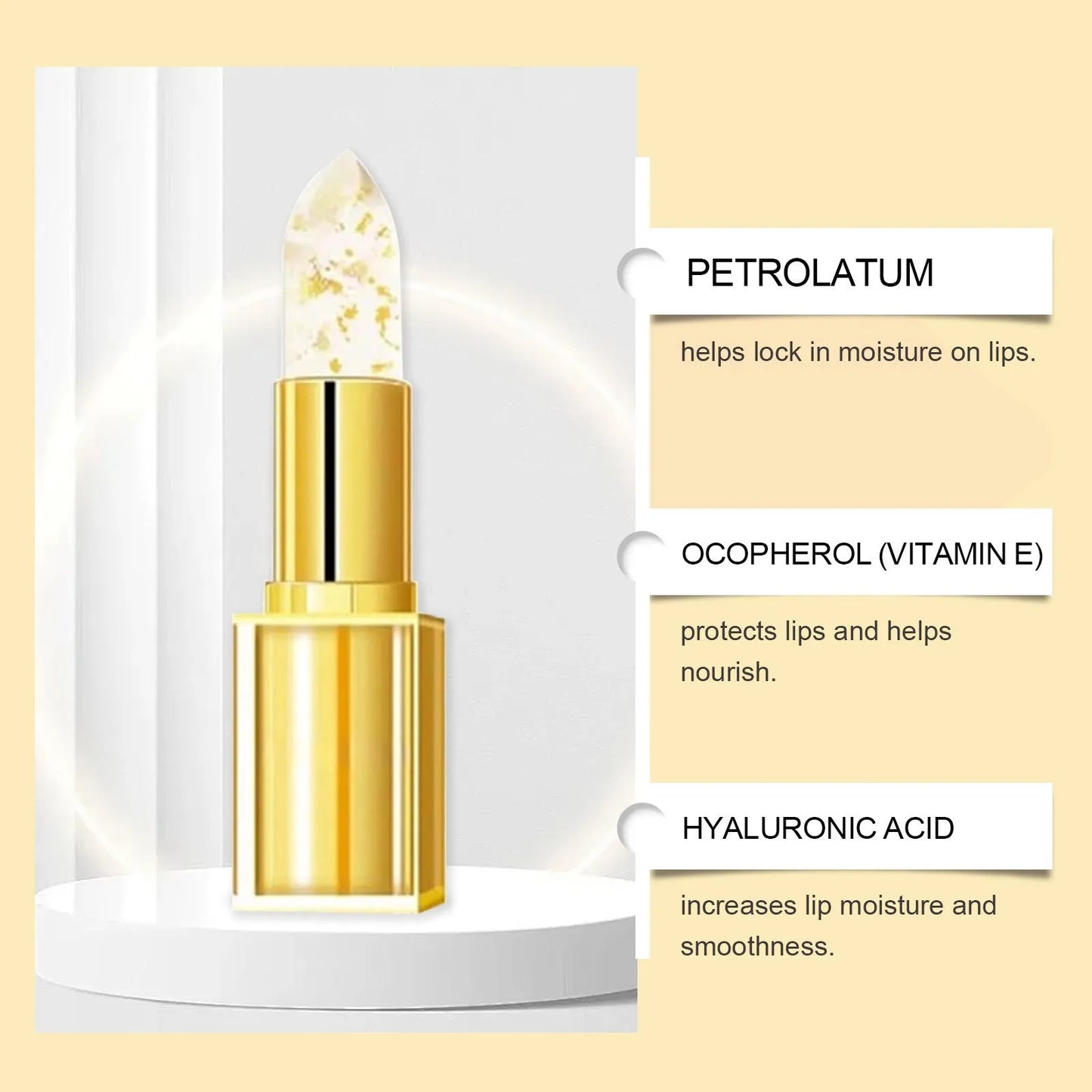 Gold foil nourishing lipstick in 2.6cm square case with 3.5g net content