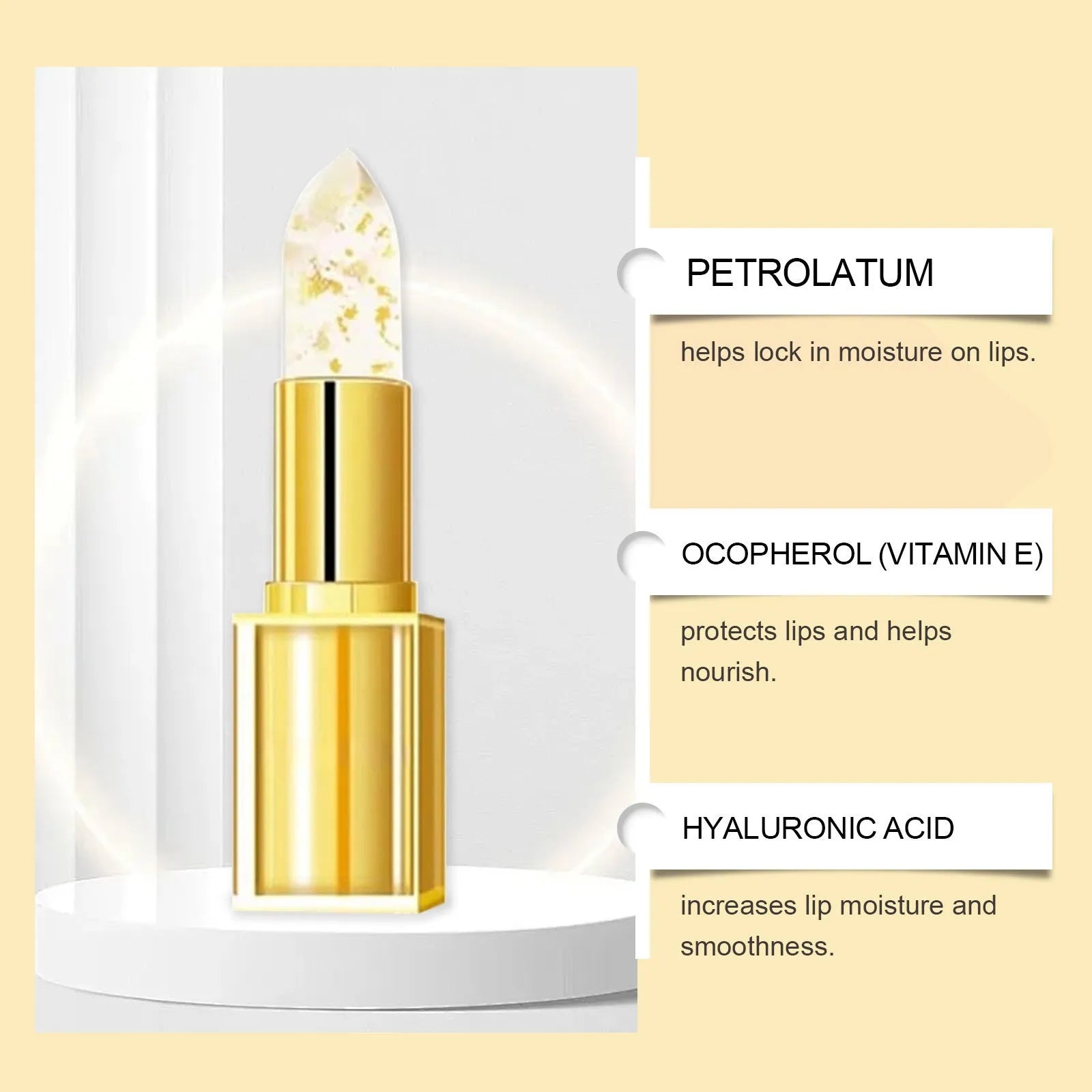 Gold foil nourishing lipstick in 2.6cm square case with 3.5g net content
