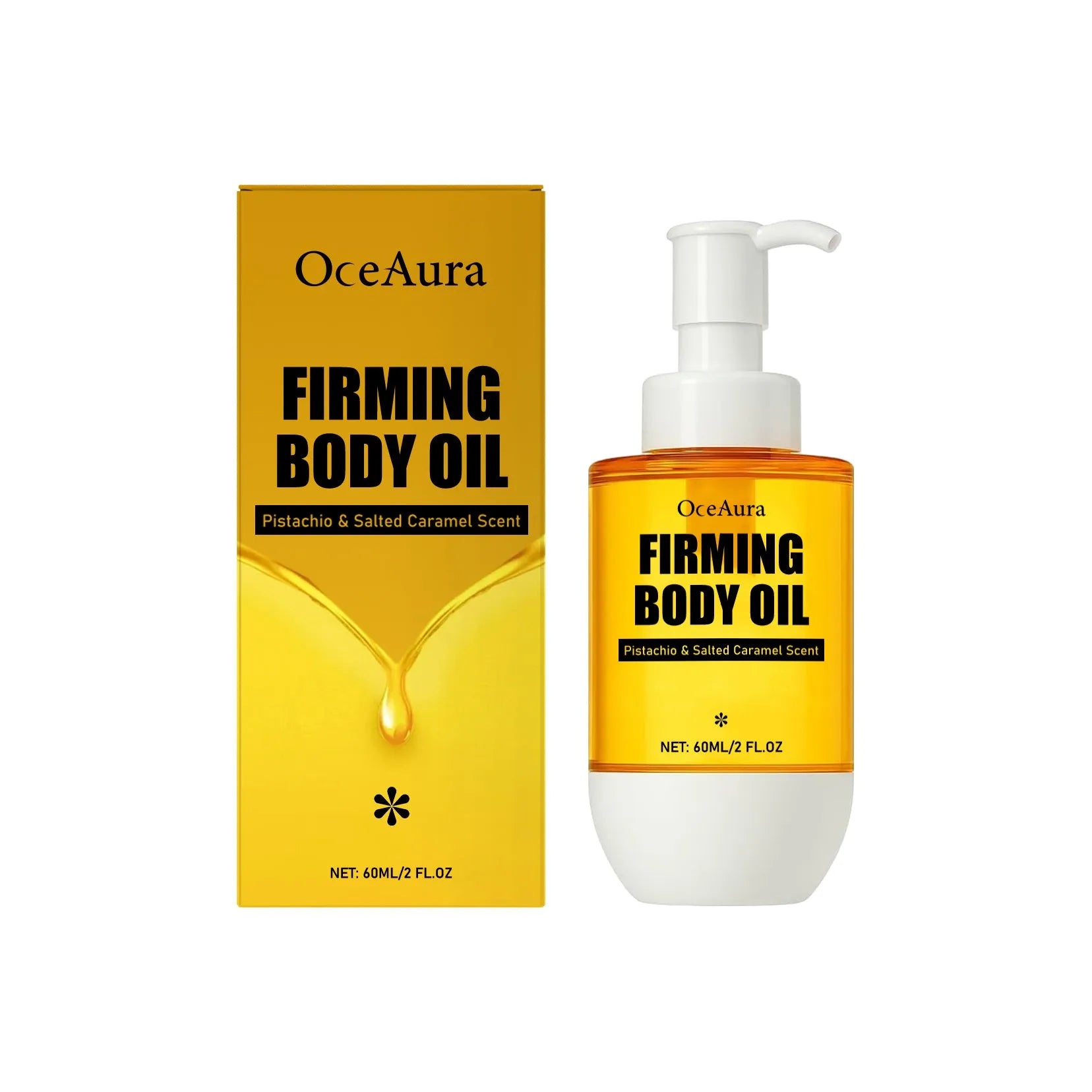 60ml bottle of tightening and wrinkle resistant body oil with glycerin and pistachio seed oil ingredients