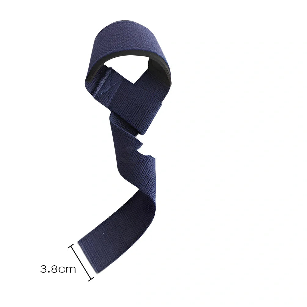 Pair of grey weightlifting straps with 5cm width wrapped around barbell