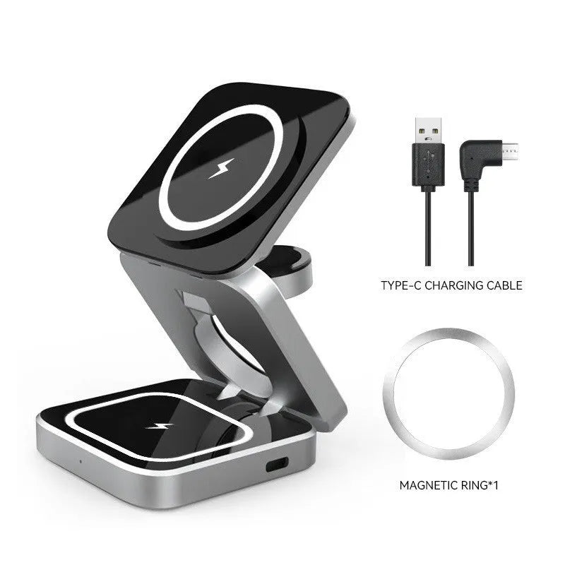 Folding three-in-one wireless charging bracket for desktop with Apple, Samsung and Google Pixel Watch support