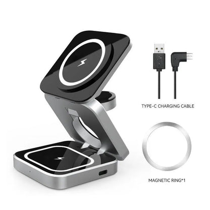Folding three-in-one wireless charging bracket for desktop with Apple, Samsung and Google Pixel Watch support