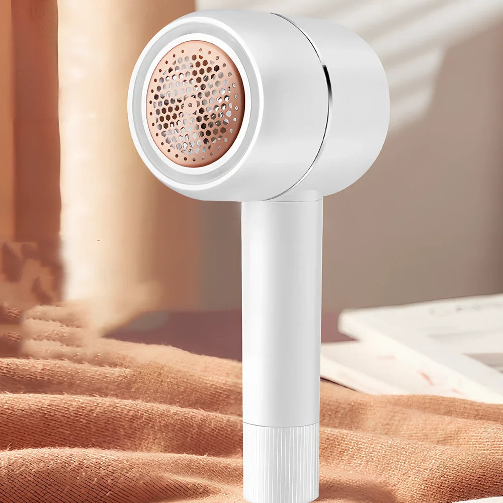 White rechargeable lint remover with detachable head and USB charging cable