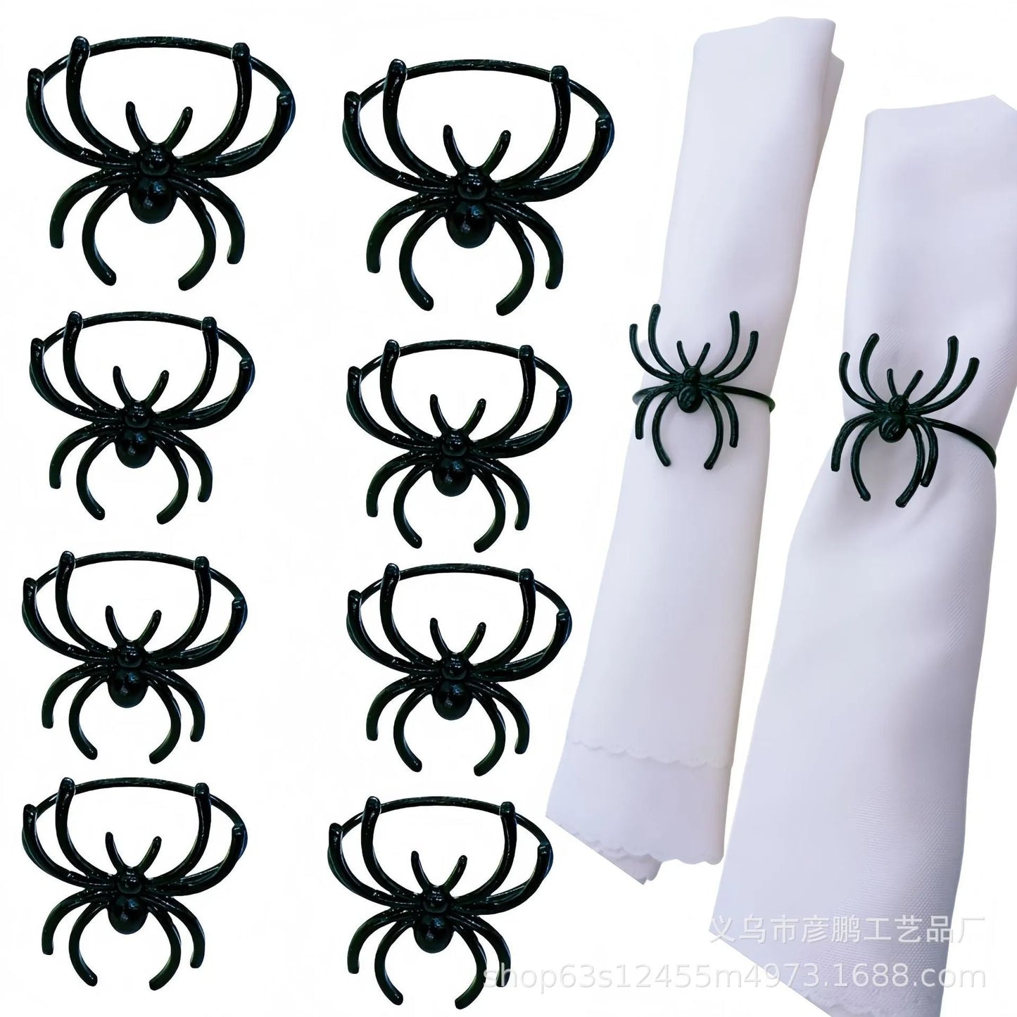 Six black spider-shaped alloy napkin rings with electrophoresis coating for Halloween table settings