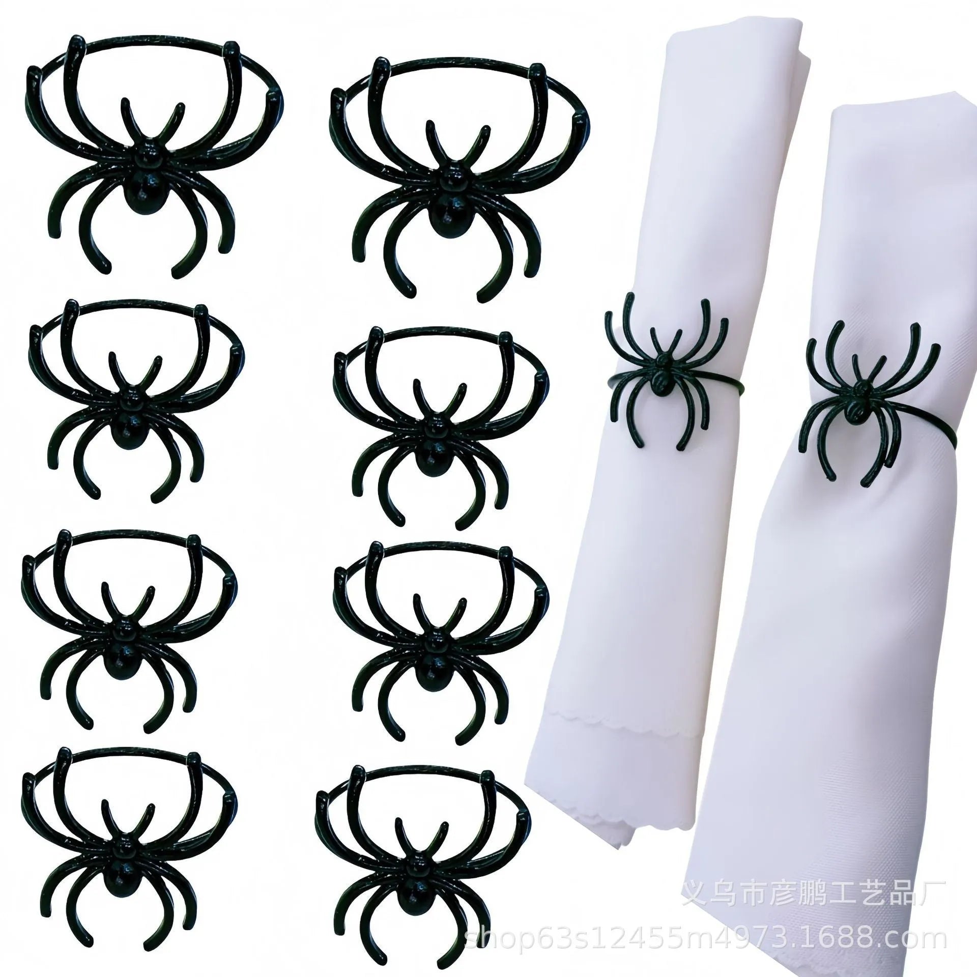 Six black spider-shaped alloy napkin rings with electrophoresis coating for Halloween table settings