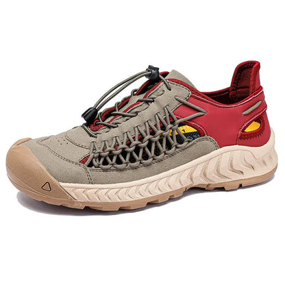 Men's hand-woven sandals with closed toe design in grey red colour showing elastic bands and rubber soles