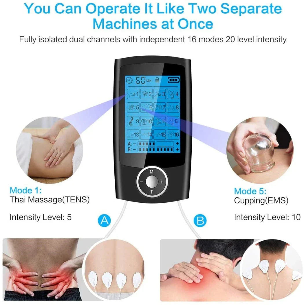 Rechargeable TENS unit with 16 massage modes, adjustable timer and intensity, and dual output for pain relief and muscle stimulation