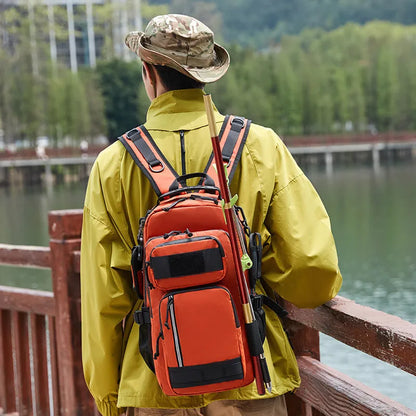 Large orange and black outdoor backpack with 20-35L capacity for hiking and camping