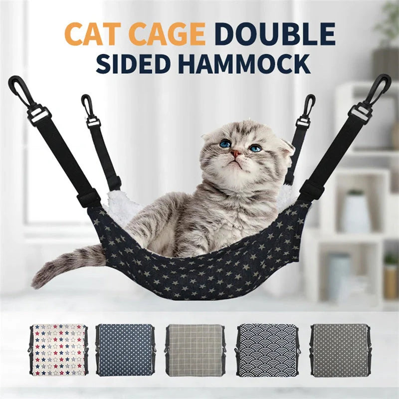 Cozy lamb fleece cat hammock bed for indoor pets, available in multiple sizes and colors