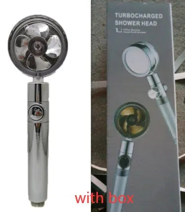 Chrome-finished ABS plastic water-saving shower head with a round, rotating spray head.