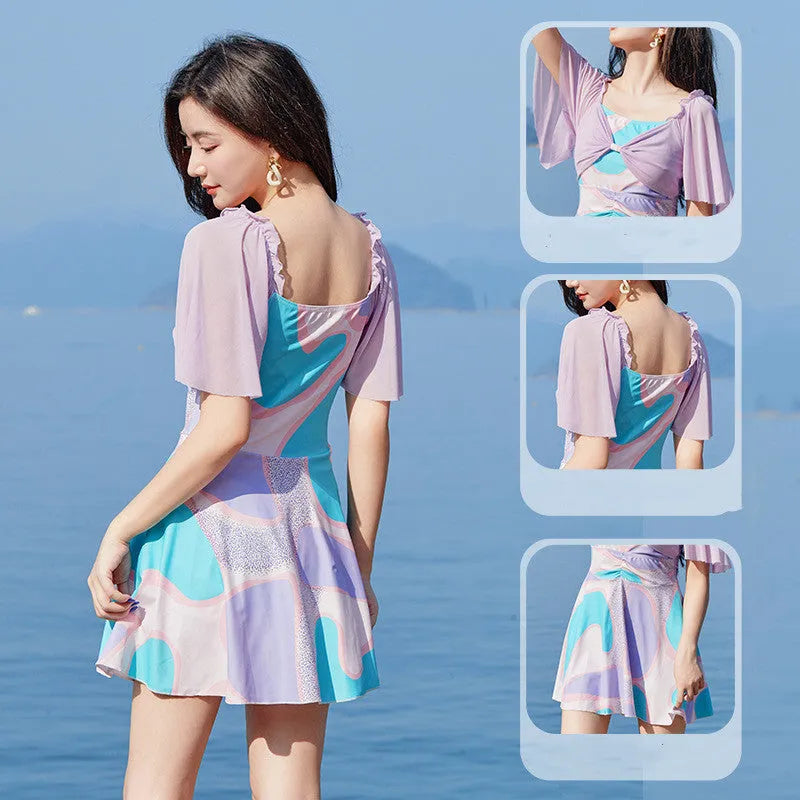 Women's high waist floral one-piece swimsuit in light purple and light blue colour options