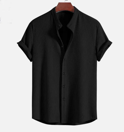 Men's loose short sleeve shirt in polyester, available in colours like wine red and navy blue, sizes S to 4XL