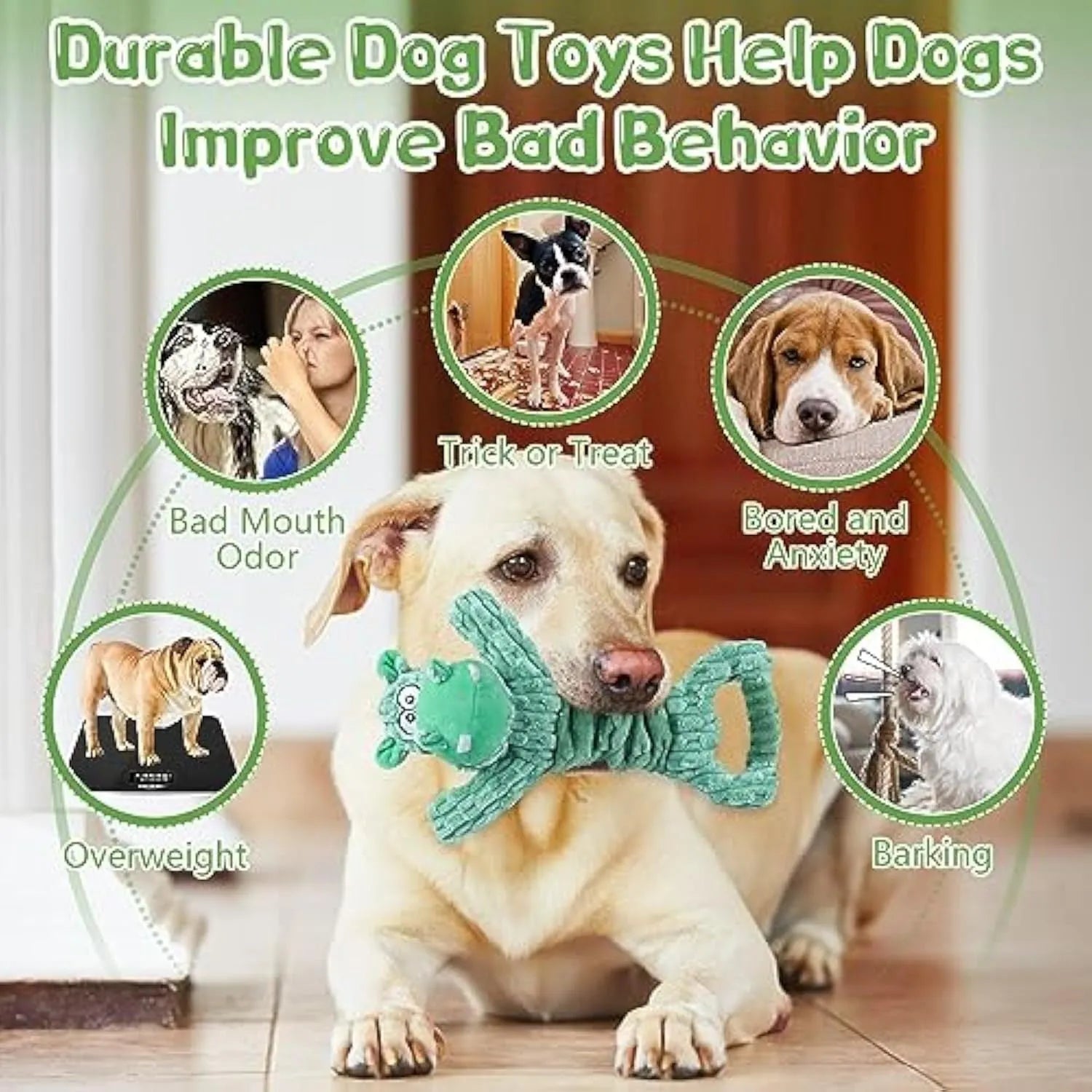 Large plush squeaky dog toy with telescopic body, crinkle paper, and handle for tug-of-war play