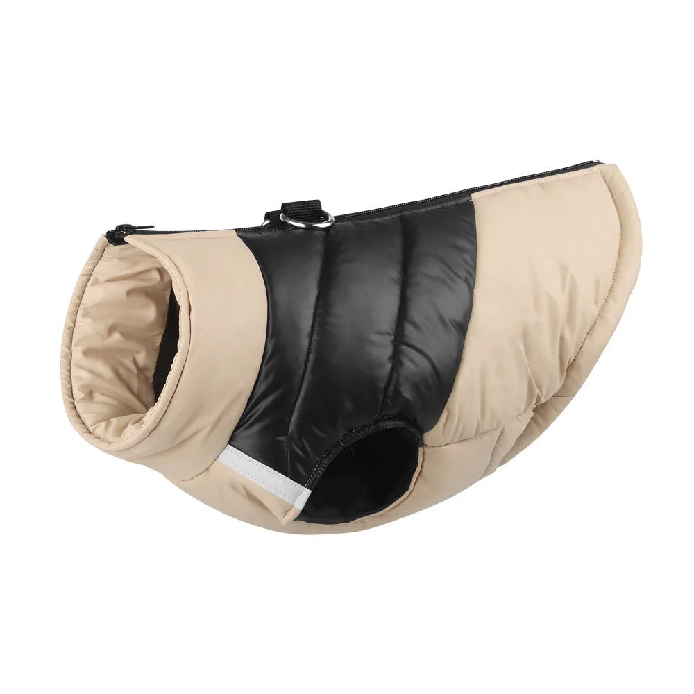 Waterproof padded dog winter jacket with zipper, shown in red on a medium-sized dog.