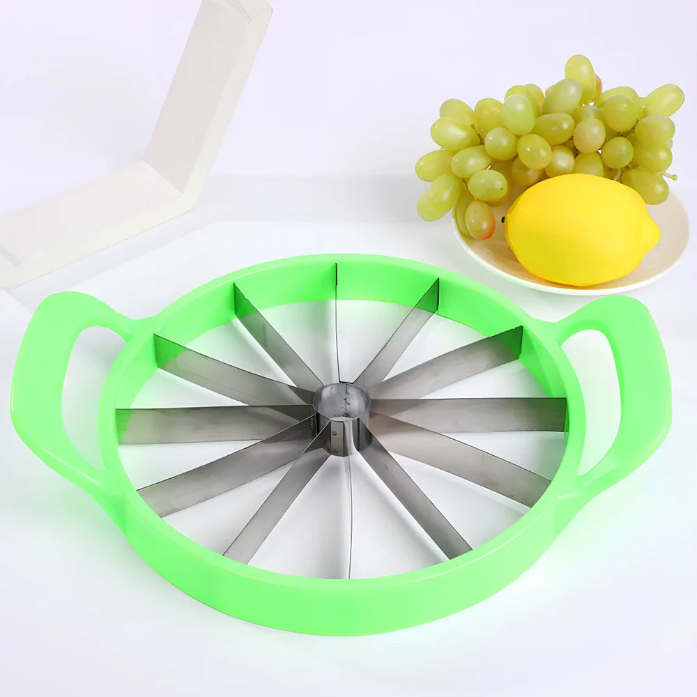 Green watermelon slicer with stainless steel blades and plastic handles for cutting melons
