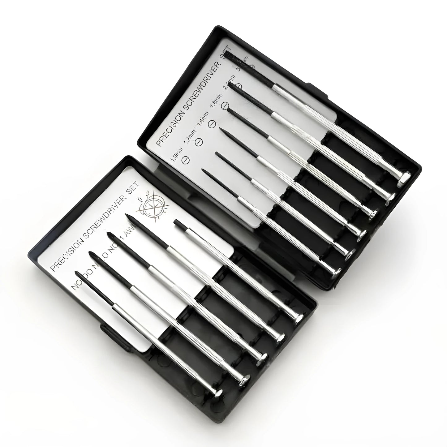 TH6177 11-piece clock screwdriver set with crosshead and flathead tools on a white background.