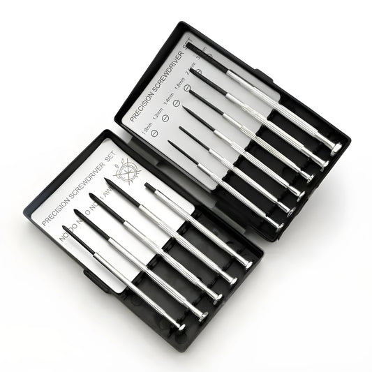 TH6177 11-piece clock screwdriver set with crosshead and flathead tools on a white background.