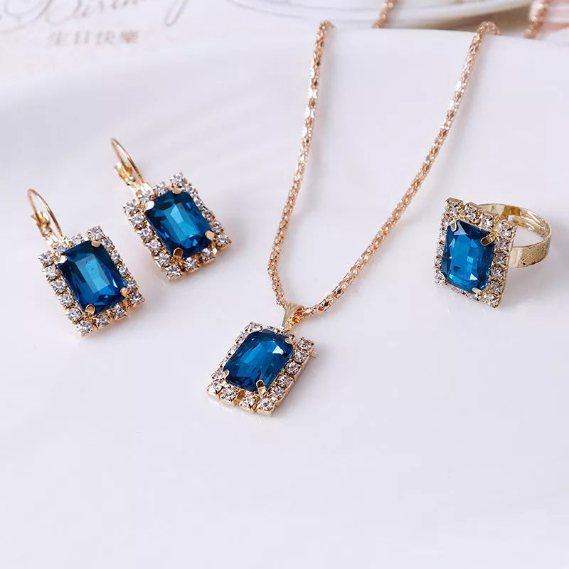 Elegant alloy crystal jewelry set with necklace, earrings, and ring in various colors