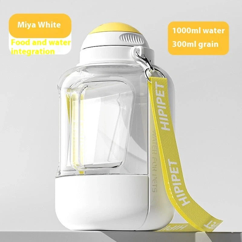 Portable 2-in-1 dog and cat water bowl with food container, available in white, yellow, and grey colors