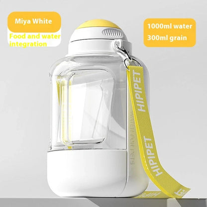 Portable 2-in-1 dog and cat water bowl with food container, available in white, yellow, and grey colors