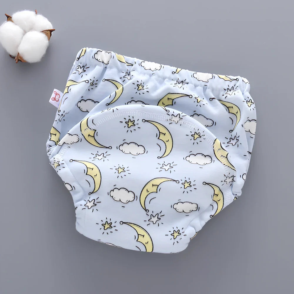 Washable baby training pants with 6-layer gauze construction in assorted patterns including animals and geometric designs