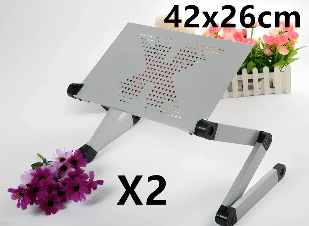 Black aluminium folding computer desk with adjustable legs and non-slip baffles for laptop stability