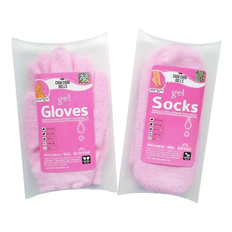 Premium moisturizing spa gloves and socks with vitamin E and essential oils to soften and rejuvenate dry, cracked skin on hands and feet