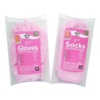 Premium moisturizing spa gloves and socks with vitamin E and essential oils to soften and rejuvenate dry, cracked skin on hands and feet