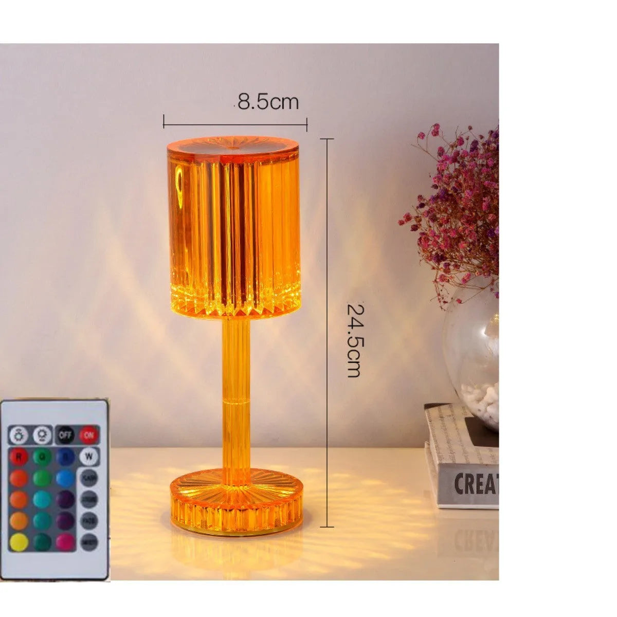 Crystal table lamp with K9 crystal shade and touch dimmable LED lighting on wooden table
