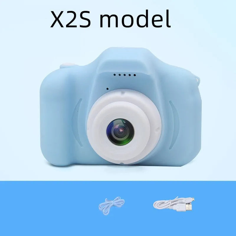 Colourful kids digital camera with silicone case showing 2-inch screen and lens.