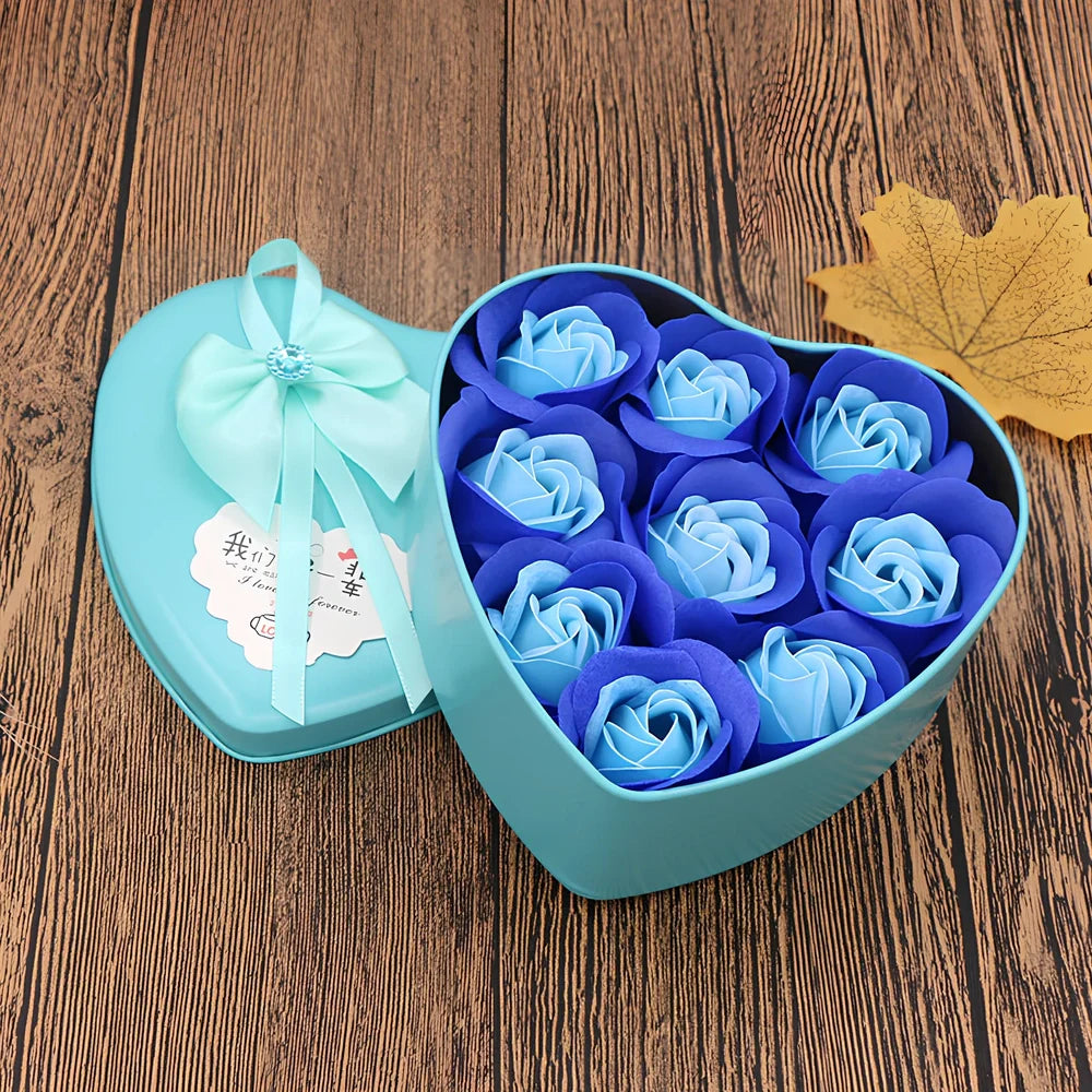 Handmade soap flower gift box in red heart-shaped tin with three blooms and bear, 12x12x5 cm for Valentine's Day